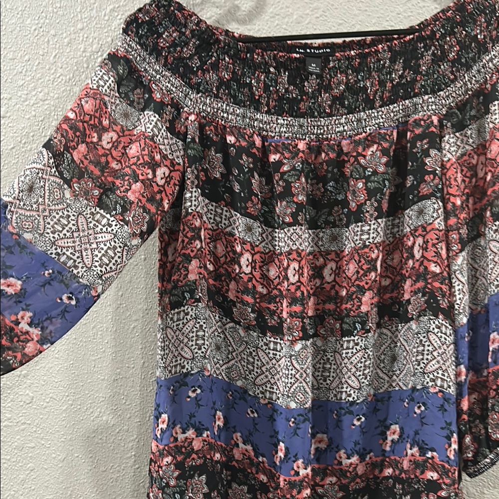 I.N. Studio Black and White Ruffled 3/4 Sleeve Blouse